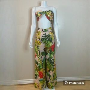 Tropical print bandeau smocked back bow crop top high waisted wide leg pants set